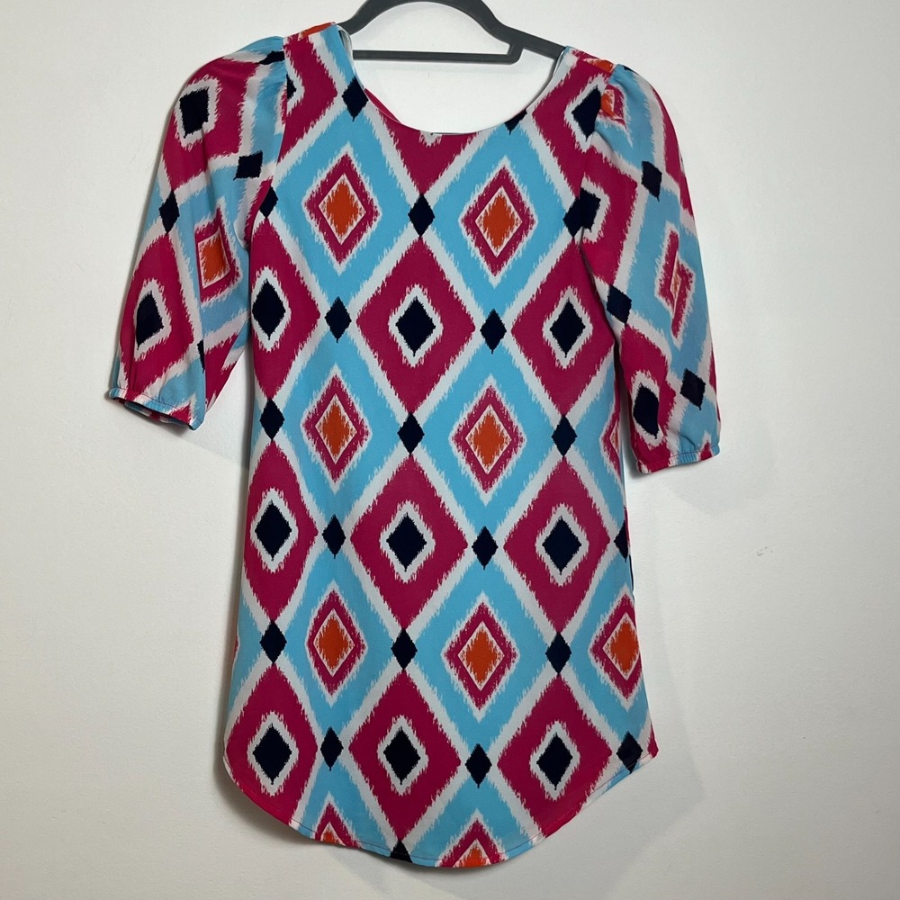 My Michelle Girls Pink Blue Ikat Diamond Bow Back Dress Size 10 8058KE1G